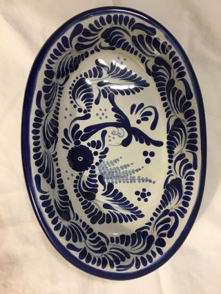 Blue And White Mexican Dish Hand Painted Signed Lead For Serving Or Hanging