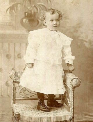 Antique Cabinet Photo Lil Victorian Child Standing On Rattan Chair Gas City In