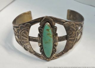 Vintage Native American Old Pawn Indian Turquoise Sterling Silver Bell Bracelet