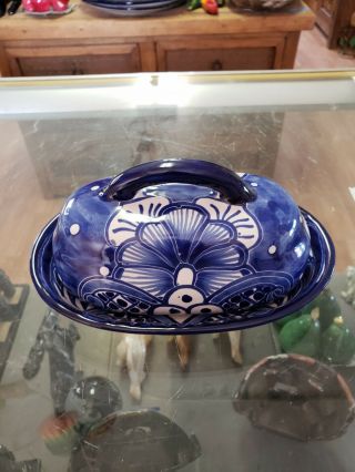 Talavera Butter Dish & Lid Mexican Pottery Ceramic Kitchen Folk Art - 7” Blue