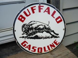 Old Vintage 1950s Buffalo Gasoline Motor Oil Porcelain Gas Pump Station Ad Sign