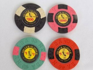 4 " Silver Slipper " Las Vegas Casino Borland Fantasy Poker Chip $1000 $100 $5 $1