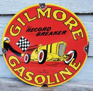 Old Vintage Dated 1930 Gilmore Gasoline Porcelain Pump Sign Record Breaker