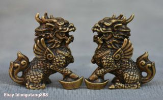Chinese Copper Bronze Fengshui Lucky Kylin Chi - Lin Qilin God Beast Statue Pair