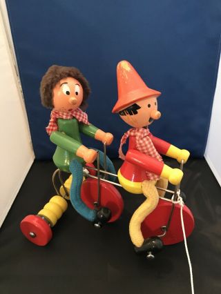 Vintage Unique Wooden Tandem Bicycle Pull Toy