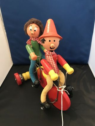 Vintage Unique Wooden Tandem Bicycle Pull Toy 2
