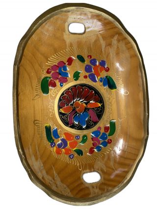 Vintage Mexican Folk Art Batea Wooden Tray Oval Bowl Hand Painted.