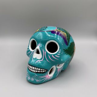 Mexican Sugar Skull Hand Painted Ceramic Teal 6’