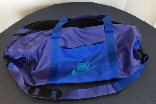 Nike Duffle Bag Vintage 80s 90s Gym Duffel Gray Tag Adjustable Strap Purple Blue