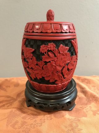 Vintage Hand Carved Chinese Floral Red On Black Cinnabar Lidded Jar On Pedestal