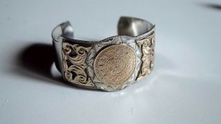 Vintage Mexico Sterling Silver & 14k Gold Plated Mayan Aztec Cuff Bracelet B638