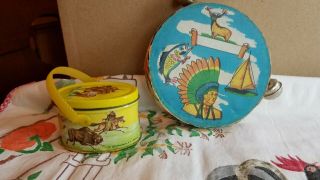 Vintage Old Cowboy Indian Western Toys Tin With Plastic Figures & Tambourine