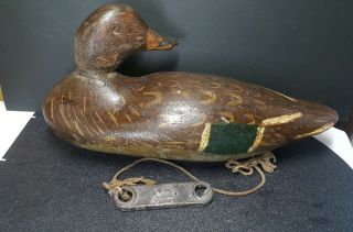 Vintage Wood Carved Mallard Hen Duck Decoy Turned Head Form 14.  75 Inches