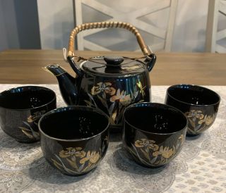 Vintage Asian Tea Set Black Floral/gold Porcelain Teapot,  4 Cups Made In Japan