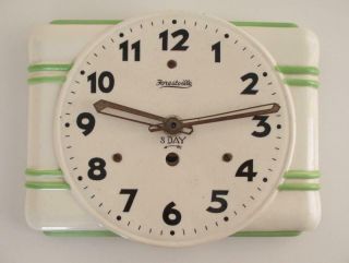 Vintage Forestville Ceramic Kitchen Wall Clock Art Deco 1930s Jadite Green White