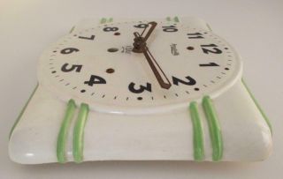 Vintage Forestville Ceramic Kitchen Wall Clock Art Deco 1930s Jadite Green White 3