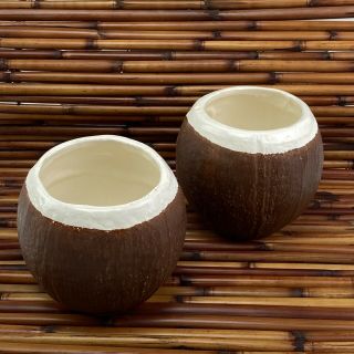 Vintage Set Of 2 Trader Vic Usa Ceramic Brown Coconut Mug Cup Tiki Bar 4 Inch