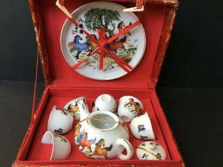 Vintage Chinese Miniature Tea Set With Tray Hand Painted In A Red Silk Box