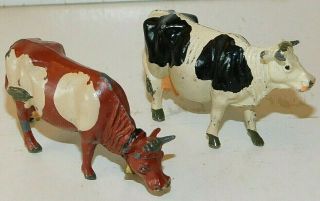 Old Timpo Toys England Lead,  1950s Farm Series,  2 Dairy Cows,  1 With A Bell