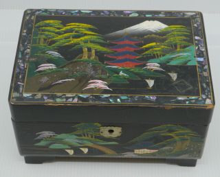 Vintage Japanese Hand Painted Black Lacquer Jewelry Box,  Mountain,  Trees,  Boats