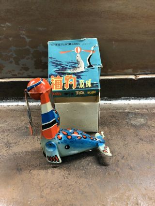 Vintage Nos Tin Litho The Seal Playing A Ball Toy With Box China