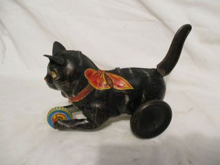 Old Vintage Marx Tin Toy Cat Black White Stripes Tail Winding No Ball 6 "