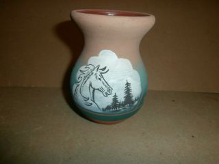 Native American Art Pottery Small Vase W/ Horse Signed Little Thunder Sioux