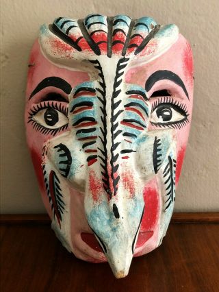 Mexican Guerrero Folk Art Vintage Hand Carved Polychrome Mask Bird Lizard Man