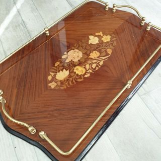 Vtg Italian Sorrento Inlaid Floral Wood Marquetry Tray Brass Galleried