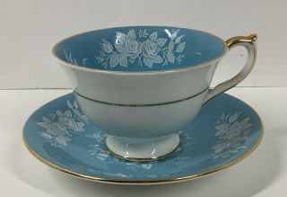 Vintage Aynsley French Blue W/white Roses Tea Cup & Saucer