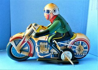 Large Vintage Windup Tin Litho Motorcycle & Rider,  1960s China (very Well)