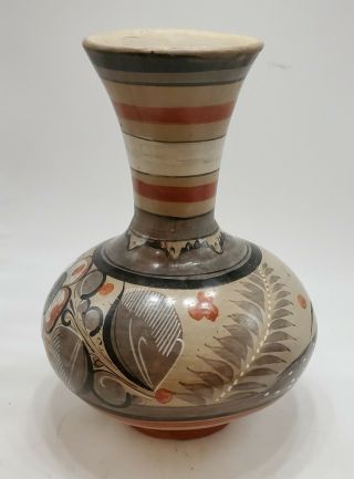 Mexican Tonala Pottery Vase Hand Made And Painted 9” Tall