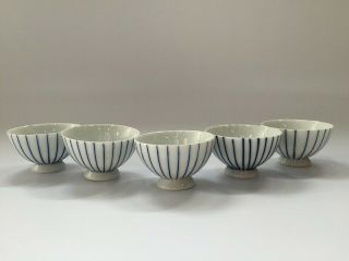 Japanese Pottery Sake Cup Set Guinomi Vintage 5pc Stripe Blue Line Liquor U272