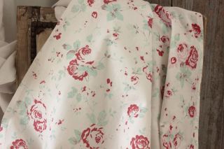 Vintage French Fabric Faded Floral White Ground Rose Lovely Cotton Shabby Chic