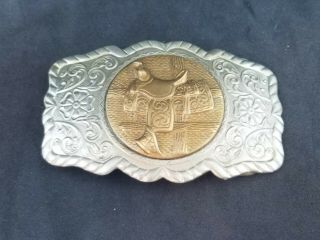 Vintage Belt Buckle Nickel Silver Bell Trading Company Saddle Fence Copper