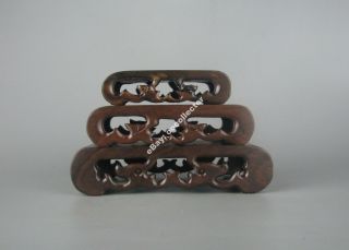 Black Hard Wood China Ebony Carved 1 Set 3 Pc Flower Design Stand Shelf Display