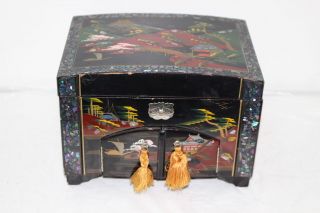 Vintage Black Lacquer Abolone Shell Japanese Jewelry Music Box W/key -