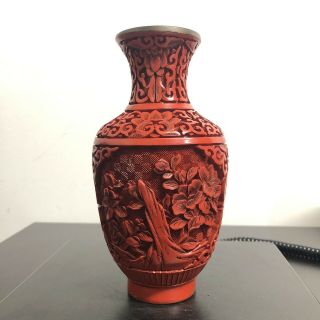 Vintage Chinese Asian Cinnabar Red 6 1/2” Vase Carved Floral Blue Enamel Inside