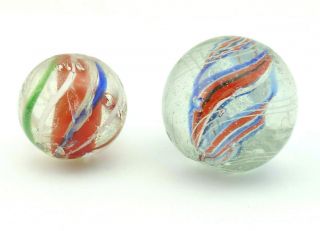 2x Large Antique Handmade German Glass Marbles Double Pontil,  1.  25 " And 1 "