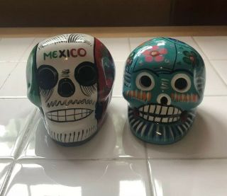 2 Day Of The Dead Ceramic Sugar Skulls Mexico Hand Painted