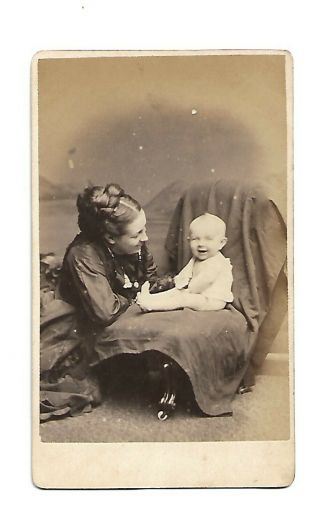 Cdv Photograph Of A Young Victorian Lady With Laughing Baby