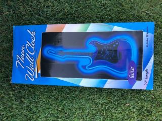 Vintage Retro Blue Tie Dye Neon Light Up Guitar Wall Clock 29”