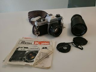 Vintage Asahi Pentax K1000 35mm Slr Film Camera With 80 - 200mm Zoom And 50mm Lens