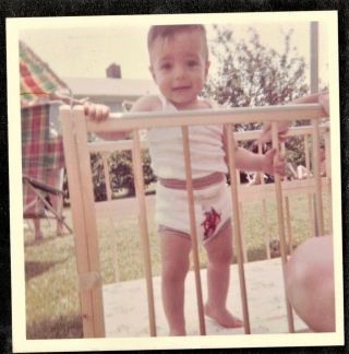 Vintage Photograph Cute Baby Standing In Playpen In Backyard
