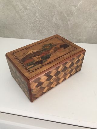 Vintage Japanese Yosegi Puzzle Box Magic Box Inlaid Box Mt.  Fuji Not Solved Gc