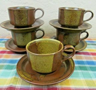 (5) Vintage Iron Mountain Stoneware Roan Mountain Coffee Cups & Saucers