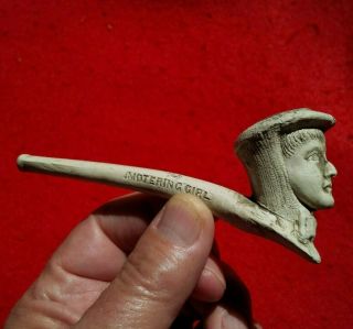 Authentic Indian Artifact 4 - 5/8 " Motoring Girl Complete Clay Pipe Arrowheads