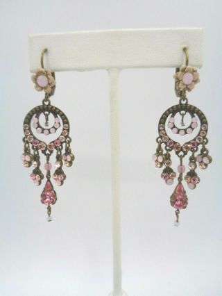 Michal Negrin Vintage Style Pink Floral Swarovski Crystal Chandelier Earrings