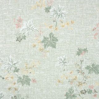 1950s Vintage Wallpaper Botanical With Green And Pink Leaves And Metallic Gold