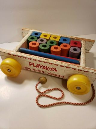 Playskool Vintage Wooden Wagon Pull Toy With Blocks And Sticks